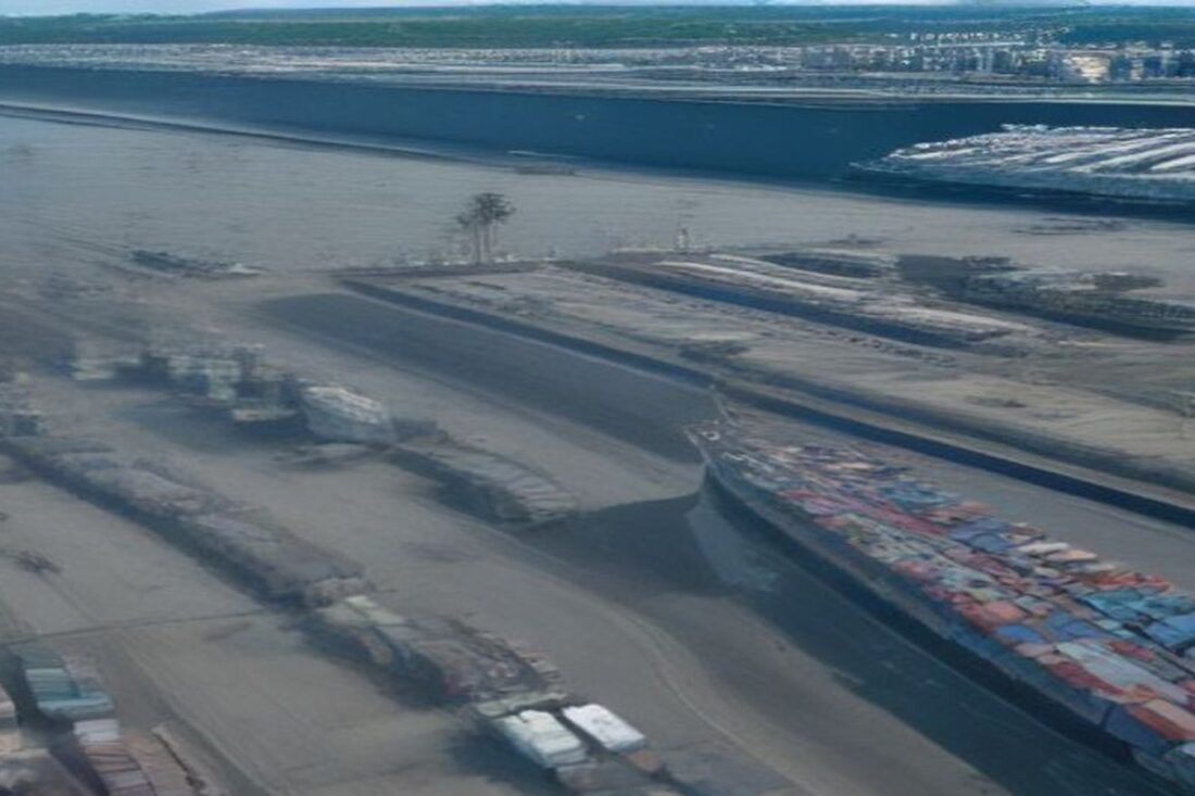 Vista aérea de una terminal portuaria con hileras de autos nuevos y un buque cargado de contenedores, alusiva a la revisión del T-MEC y los aranceles a la exportación