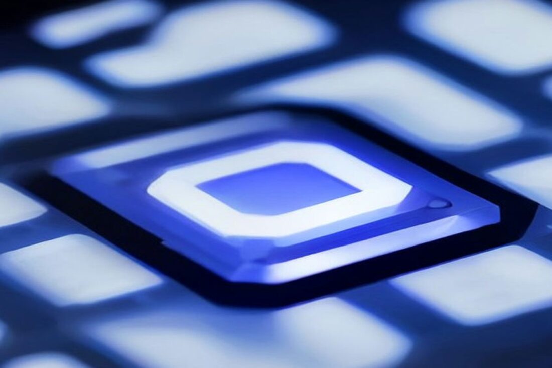 Primer plano de un componente electrónico iluminado en azul sobre una superficie tecnológica, en alusión a la industria de semiconductores