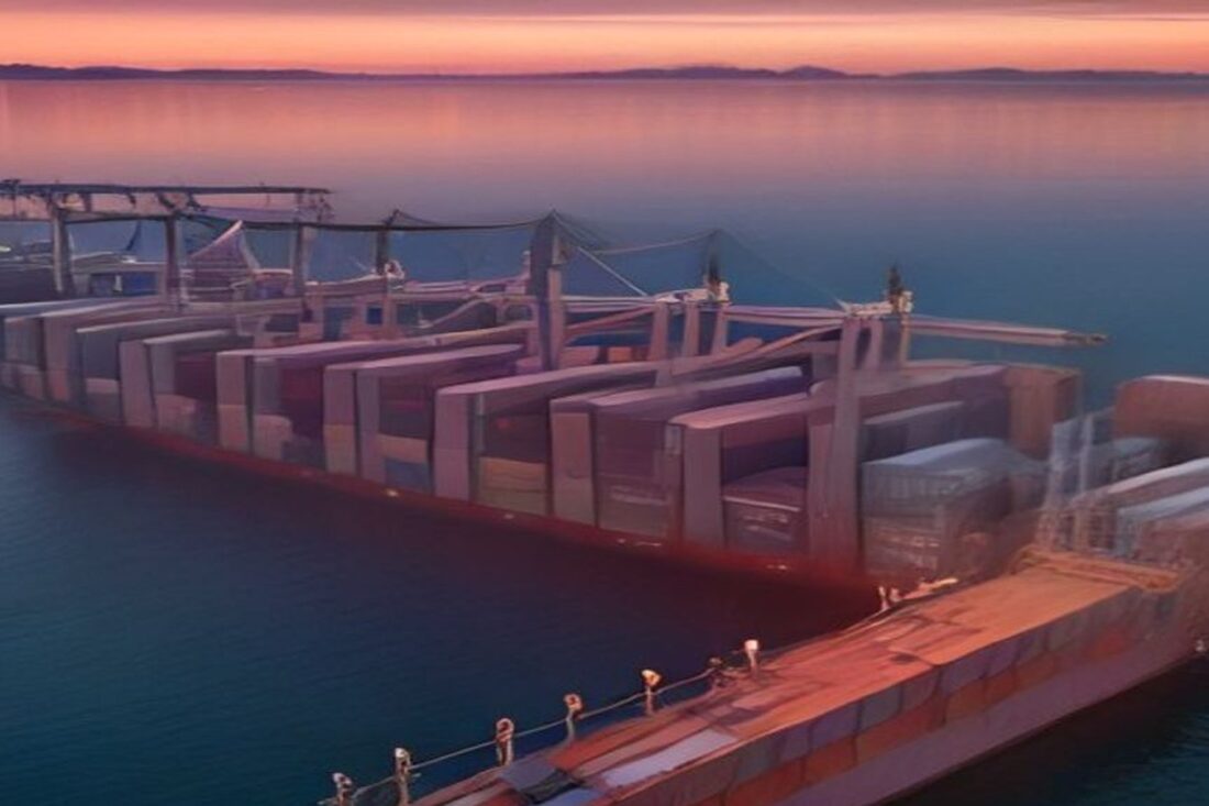 Puerto de contenedores y buque de carga al atardecer, alusivo a la negociación del T-MEC y el comercio exterior de México