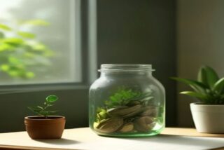 Frasco de vidrio con monedas junto a una planta pequeña en maceta de barro sobre un escritorio iluminado por la ventana, alusivo a la tasa de Cetes hoy y al ahorro