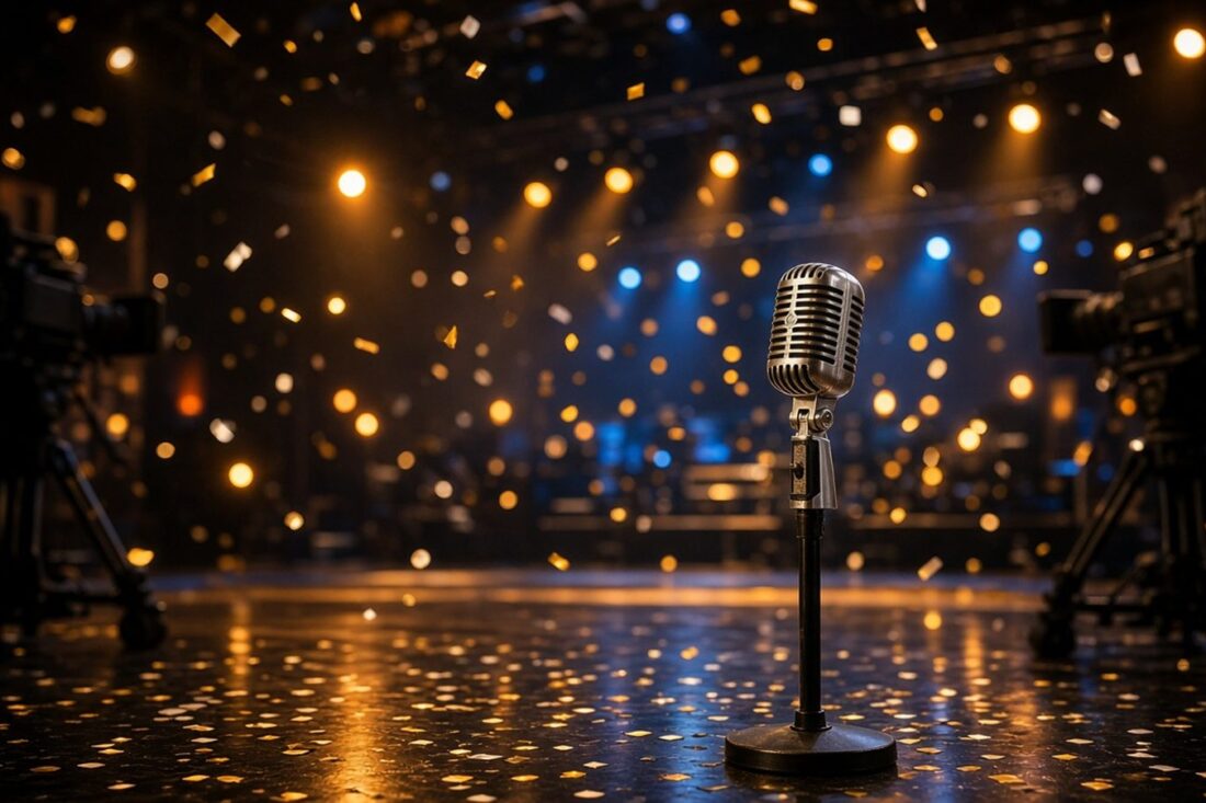 Micrófono vintage en un escenario de televisión vacío con reflectores ámbar y azules y confeti dorado cayendo, alusivo al Gran Cierre del Teletón 2026