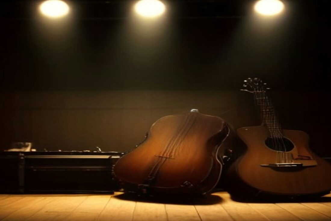 Dos guitarras acústicas de madera recargadas sobre un escenario vacío iluminado por tres reflectores cálidos con fondo oscuro, sin personas ni texto