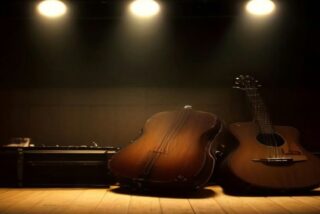 Dos guitarras acústicas de madera recargadas sobre un escenario vacío iluminado por tres reflectores cálidos con fondo oscuro, sin personas ni texto