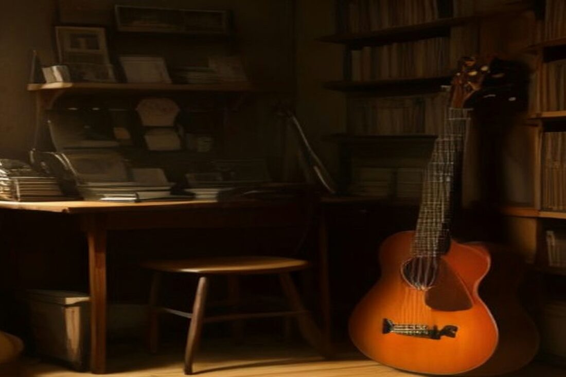 Rincón de oficina con escritorio de madera, libreros y guitarra acuástica bajo luz cálida, sin músicos