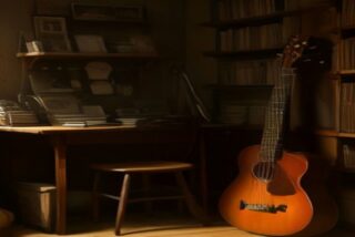 Rincón de oficina con escritorio de madera, libreros y guitarra acuástica bajo luz cálida, sin músicos
