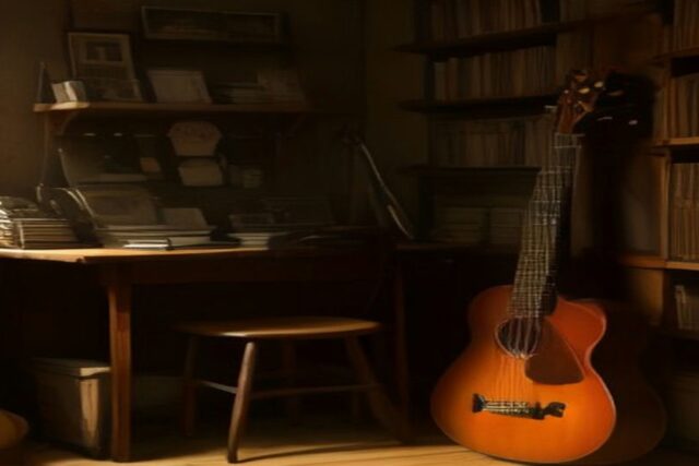 Rincón de oficina con escritorio de madera, libreros y guitarra acuástica bajo luz cálida, sin músicos