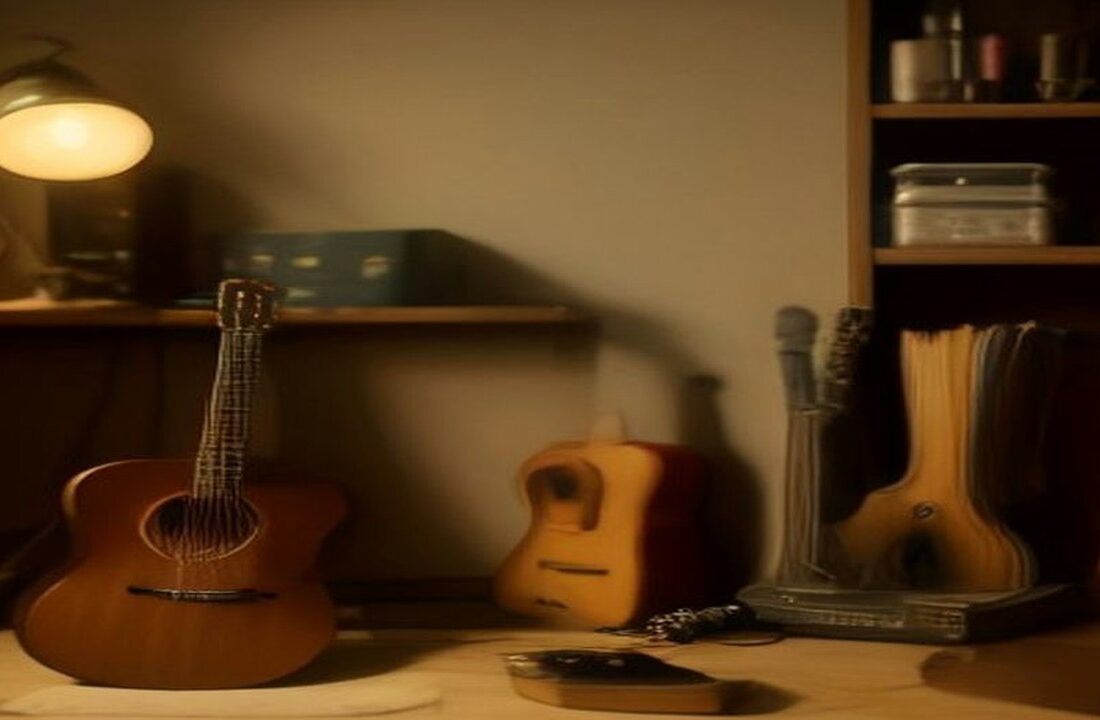 Guitarras acústicas sobre un escritorio de madera iluminado por una lámpara cálida, sin personas