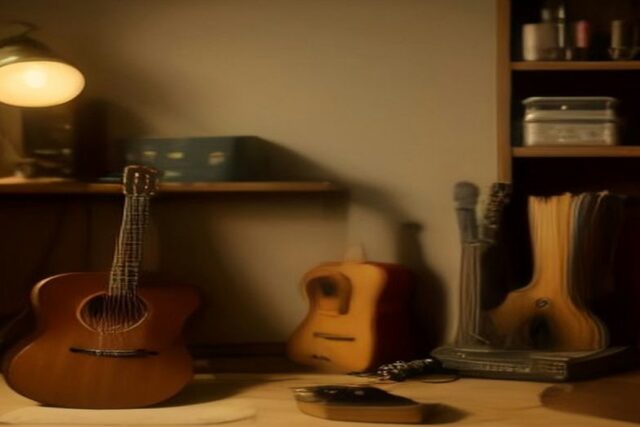 Guitarras acústicas sobre un escritorio de madera iluminado por una lámpara cálida, sin personas
