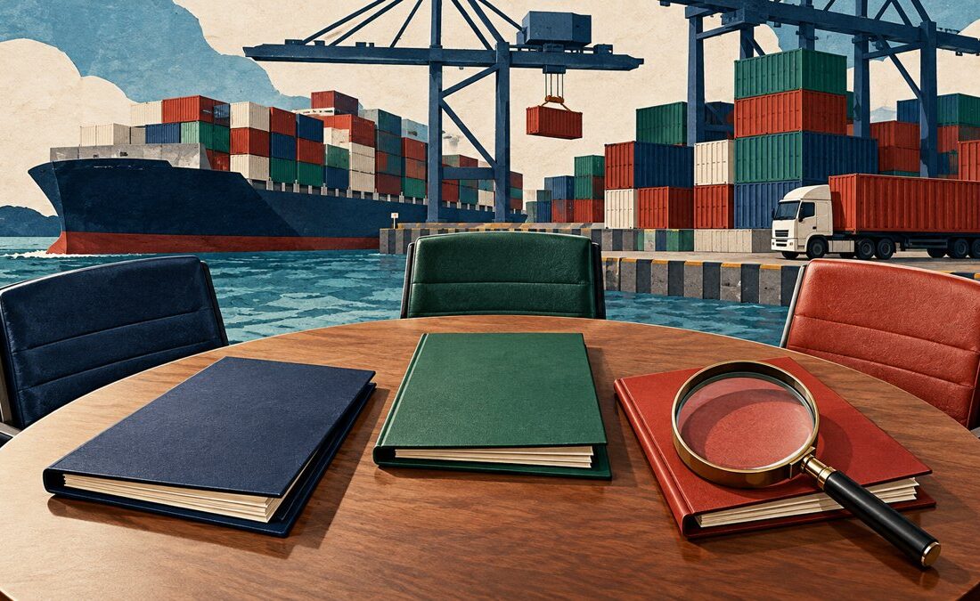 Ilustración de tres carpetas y una lupa sobre una mesa frente a una terminal de contenedores.