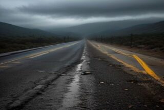 Carretera mojada y agrietada entre lomeríos bajo niebla densa, alusiva a los daños de la tormenta Rachel en Baja California