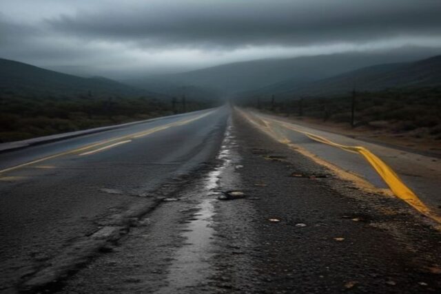Carretera mojada y agrietada entre lomeríos bajo niebla densa, alusiva a los daños de la tormenta Rachel en Baja California