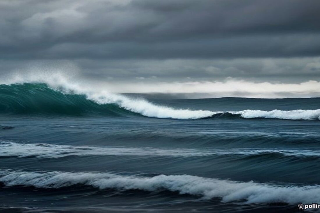 Mar abierto del Pacífico bajo nubes de tormenta tropical con oleaje agitado y cielo gris dramático, sin costa ni texto