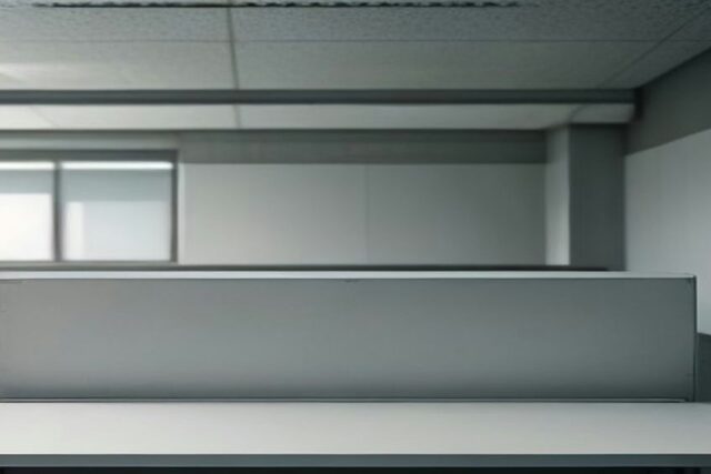 Escritorio de oficina vacío en espacio de reclutamiento con luz suave y cubículos al fondo, sin personas ni texto ni logos.