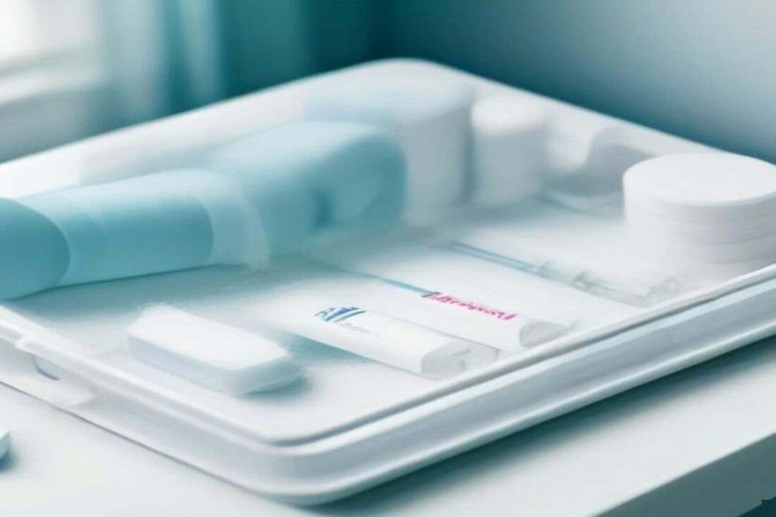 Bandeja médica con viales sellados y algodones sobre mesa blanca de clínica con luz azul suave, alusiva a la vacunación invernal 2026