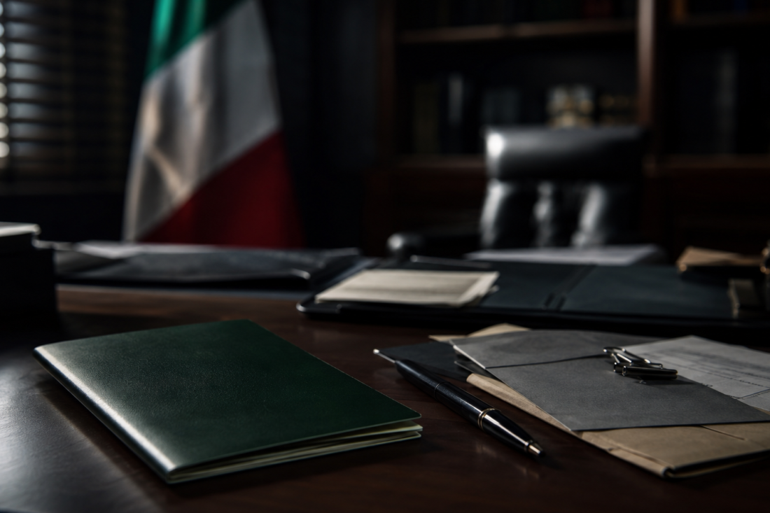 Documentos de viaje sobre un escritorio junto a una bandera de México