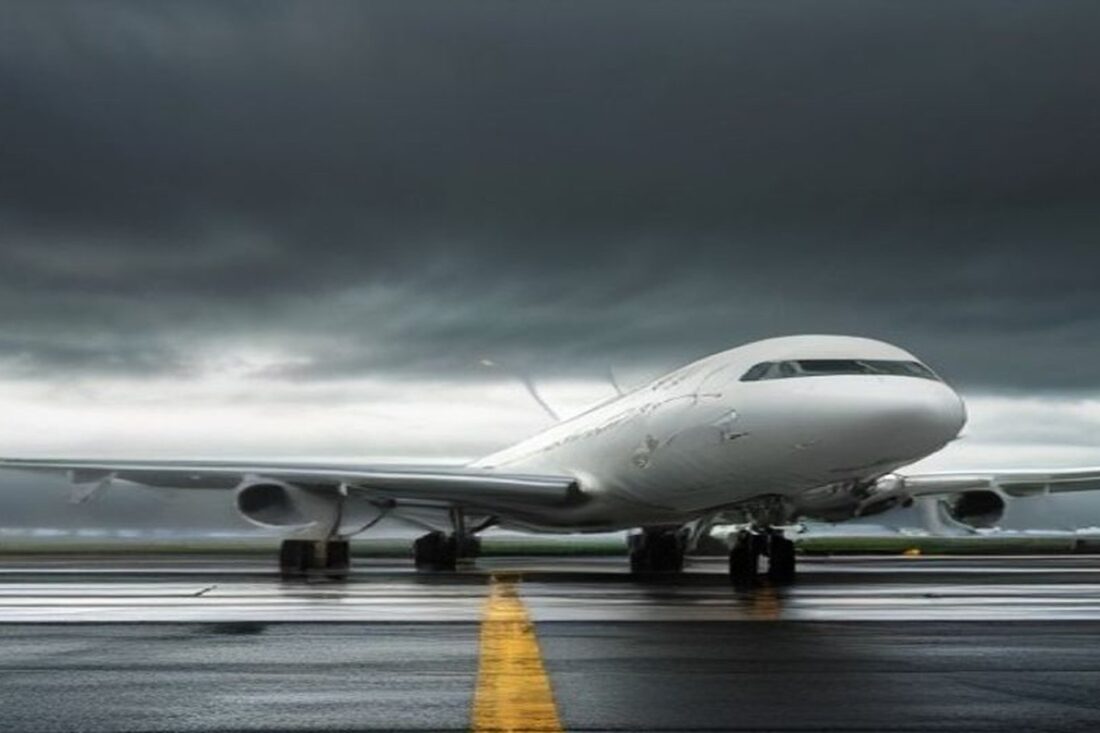 Avión de pasajeros blanco detenido en una pista mojada bajo nubes oscuras de tormenta, alusivo a los vuelos cancelados en Puerto Vallarta y Manzanillo por el huracán Simón