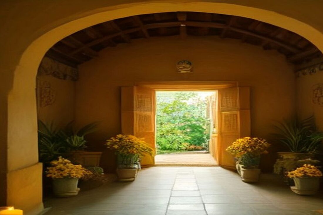 Pasillo con arco de una casa antigua, macetas con flores de cempasúchil a los lados y una puerta abierta hacia la vegetación, alusivo al Xantolo 2026 en la Huasteca potosina