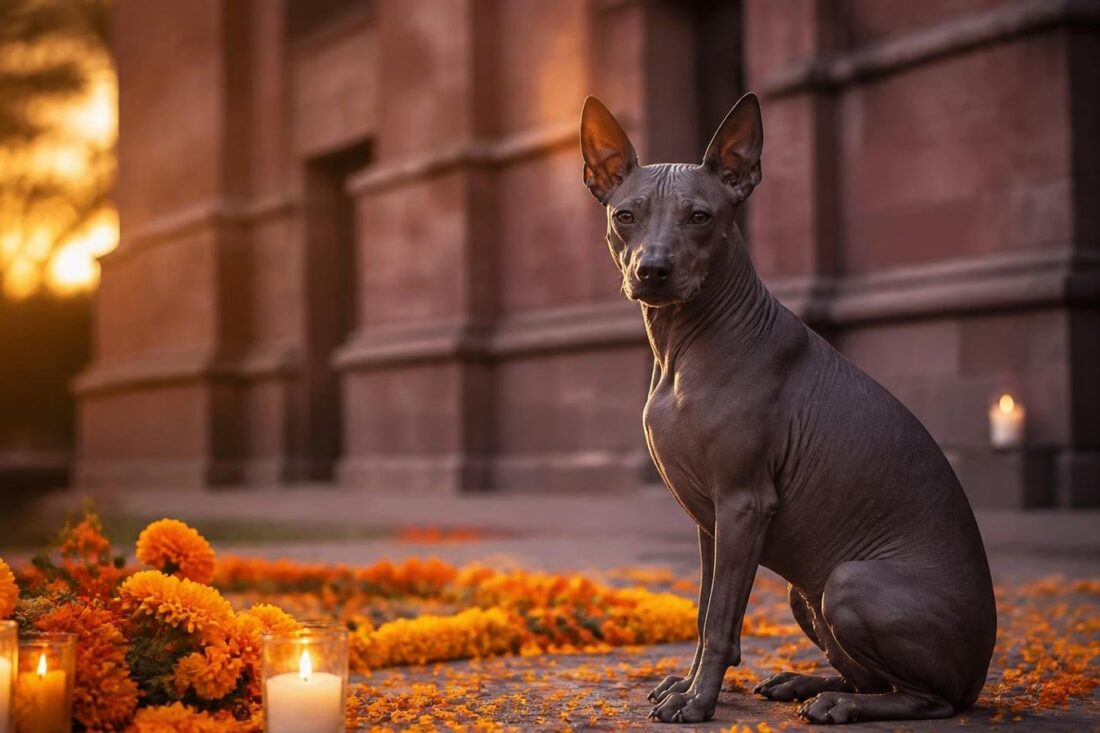Perro xoloitzcuintle de piel gris oscura sentado entre flores de cempasúchil y veladoras frente a una fachada colonial de tezontle al atardecer