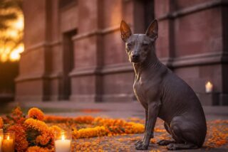 Perro xoloitzcuintle de piel gris oscura sentado entre flores de cempasúchil y veladoras frente a una fachada colonial de tezontle al atardecer
