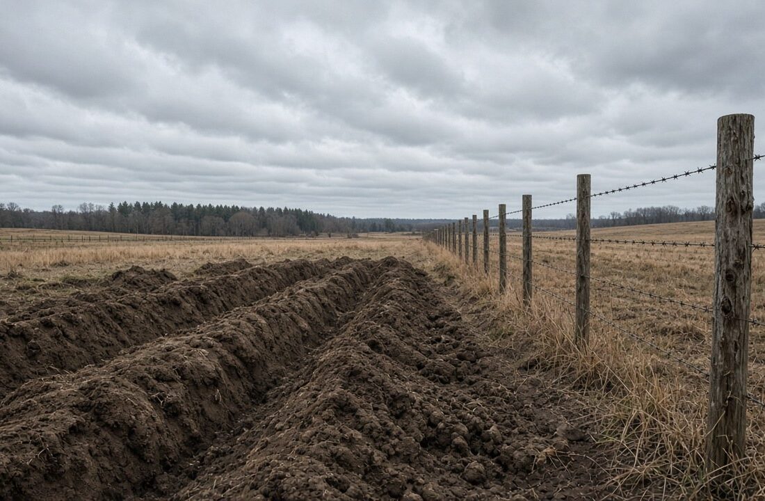 Campo de otoño con surcos de tierra removida junto a una cerca de alambre de púas bajo cielo nublado, sin personas